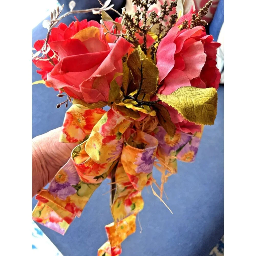 SPRING Flower BOUQUET Handmade Bow Coral Red Yellow Purple Peony Rose Zinnia